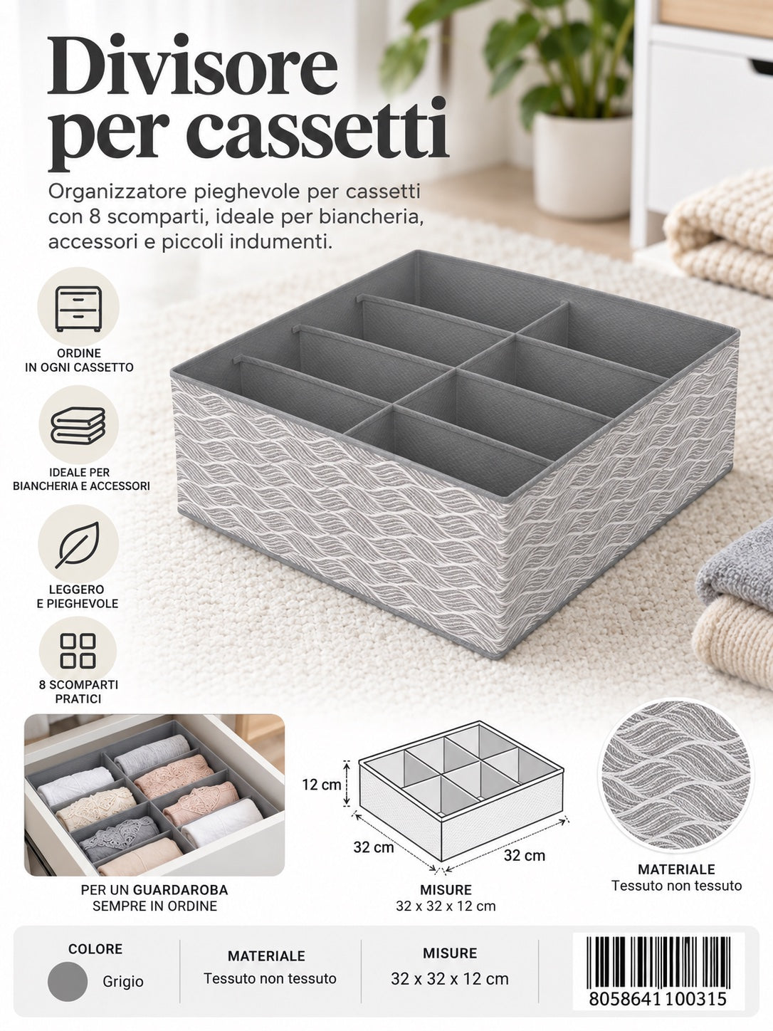 4110031 Fantasia Onde Divisore Per Cassetti Senza Coperchio 8 Posti 32*32*12Cm 1/6 Ct96