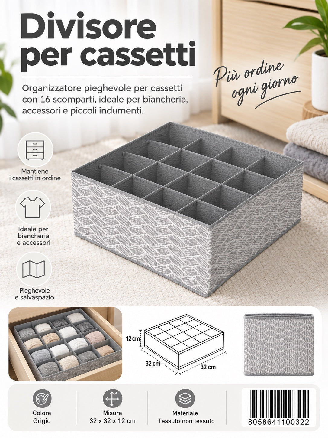 4110032 Fantasia Onde Divisore Per Cassetti Senza Coperchio 16 Posti 32*32*12Cm 1/6 Ct96