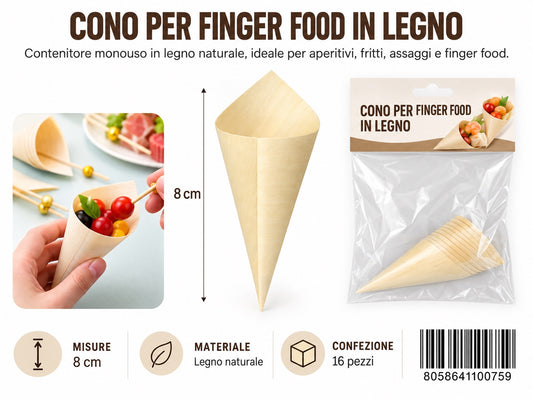 4110075 Coni Finger Food In Legno 8Cm-16Pz 1/12 Ct144 8Cm-16Pz