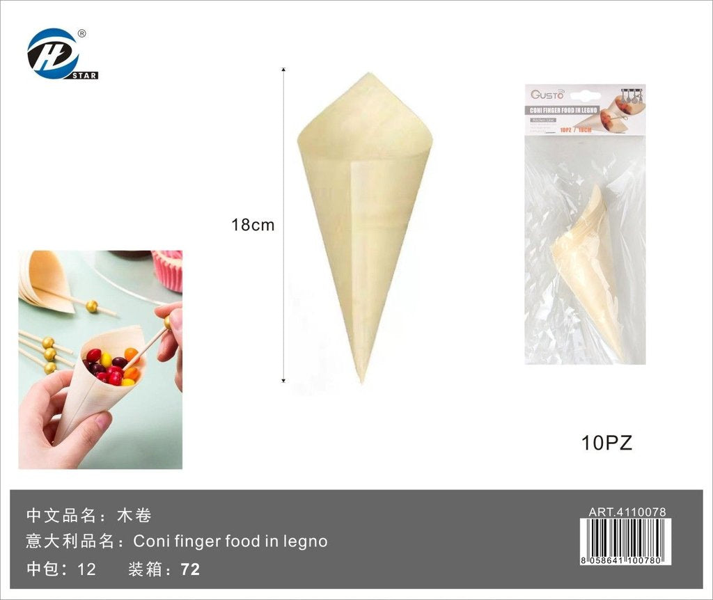 4110078 Coni Finger Food In Legno 18Cm--10Pz 1/12 Ct72 18Cm--10Pz