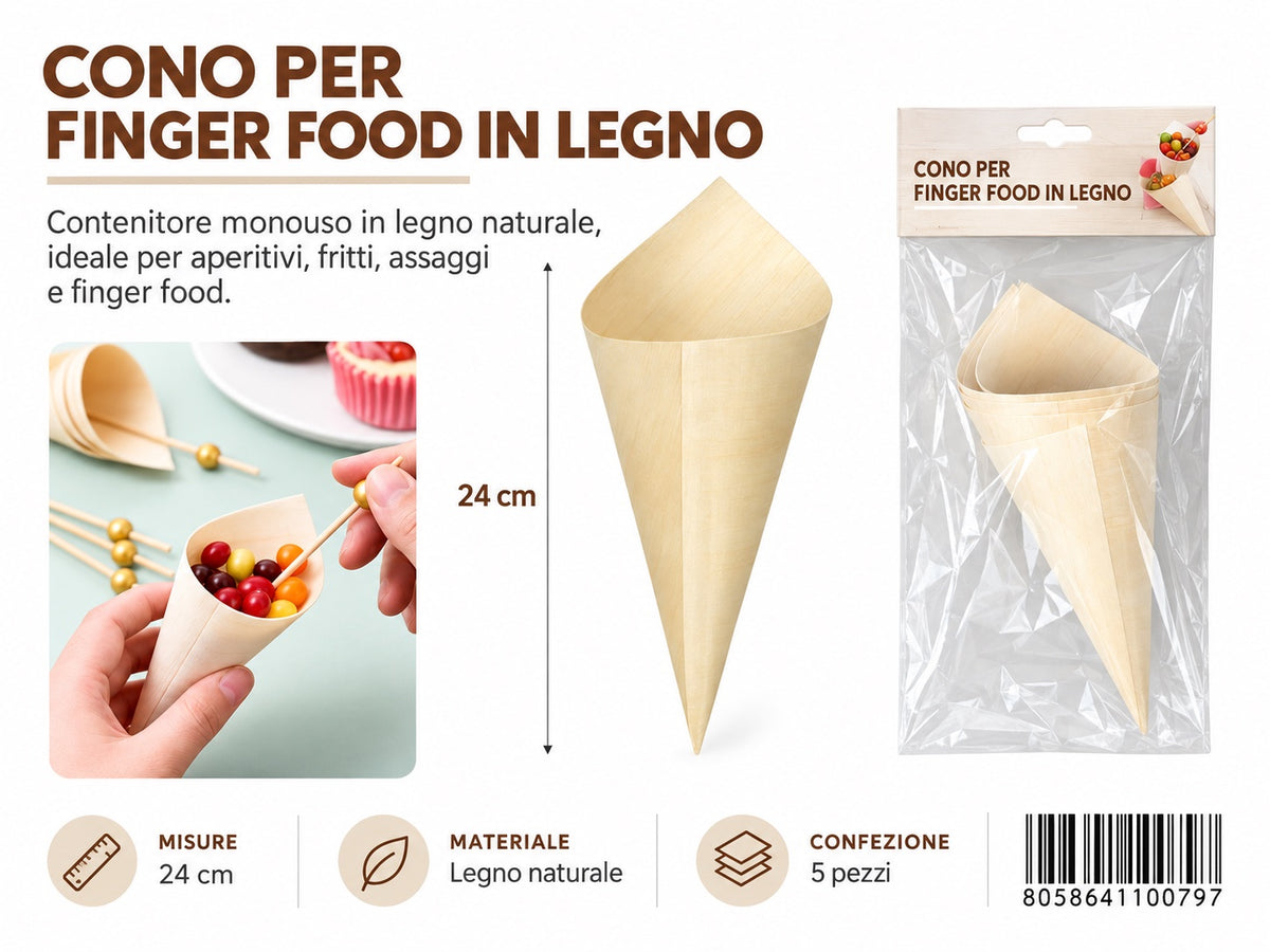 4110079 Coni Finger Food In Legno 24Cm--5Pz 1/12 Ct72 24Cm--5Pz