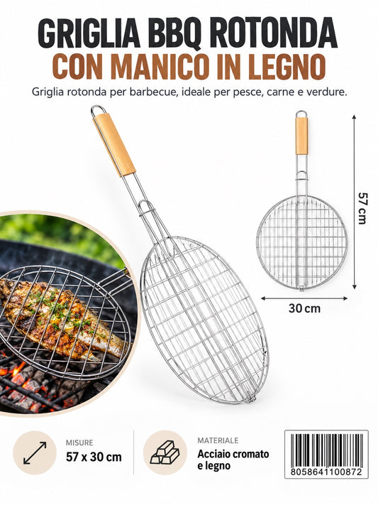 4110087 Griglia Bbq M/Legno In Acciaio 430 Rotondo Diam. 30Cm Ct16