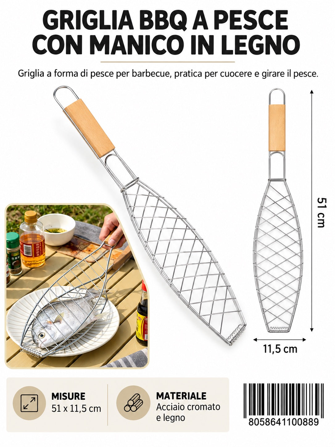 4110088 Griglia Bbq M/Legno In Acciaio 430 Per Pesce 51X11,5Cm Ct24