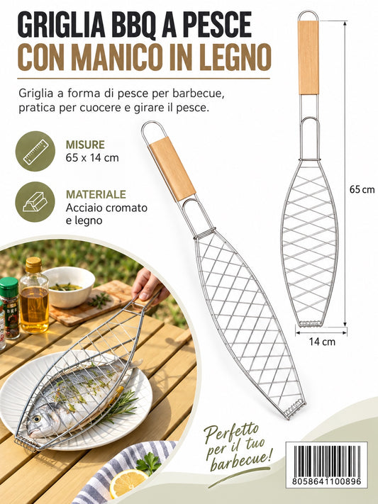 4110089 Griglia Bbq M/Legno In Acciaio 430 Per Pesce 65X14Cm Ct36