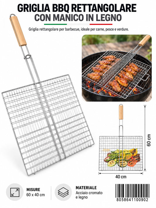 4110090 Griglia Bbq M/Legno In Acciaio 430 40X30Cm Ct32
