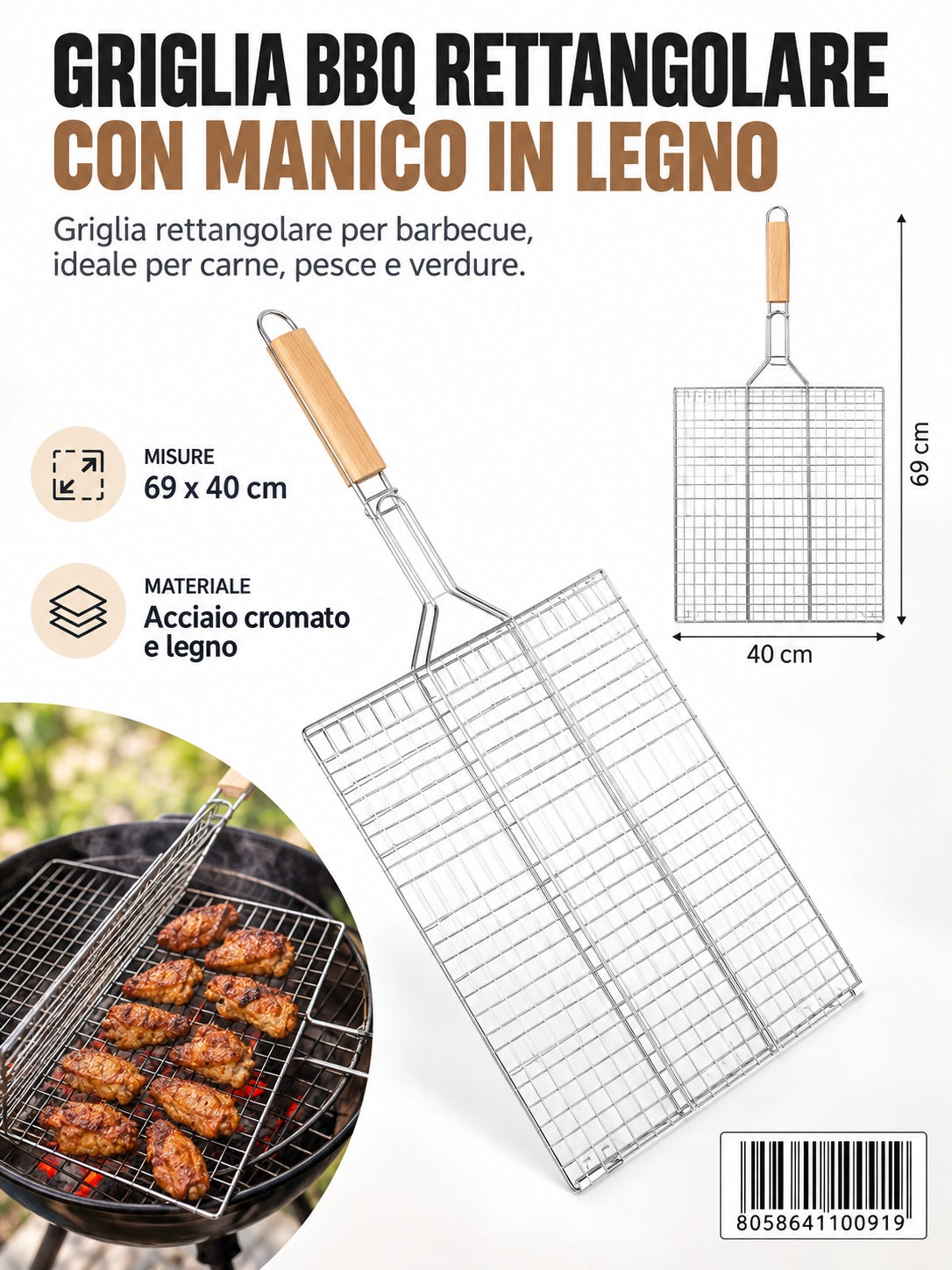 4110091 Griglia Bbq M/Legno In Acciaio 430 40X40Cm Ct24