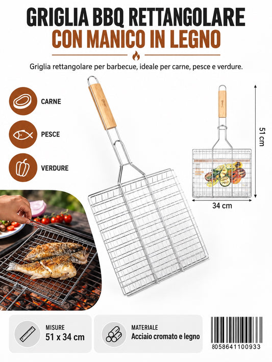 4110093 Griglia Bbq M/Legno In Acciaio 430 34X22Cm Ct28