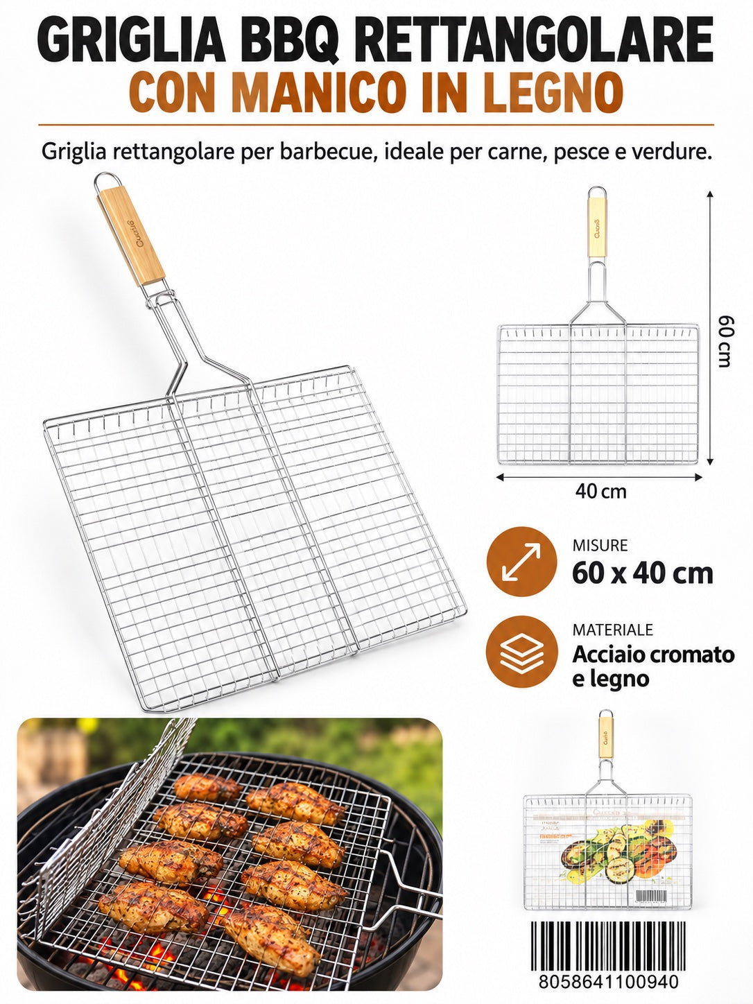 4110094 Griglia Bbq M/Legno In Acciaio 430 40X30Cm Ct24