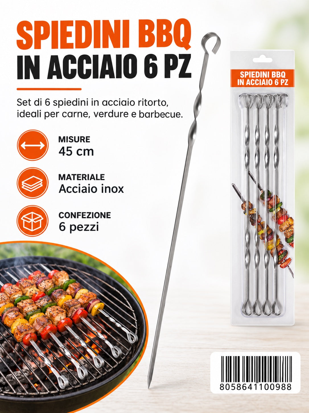 4110098 Spiedino Bbq In Acciaio 430 45Cm 6Pz Ct36