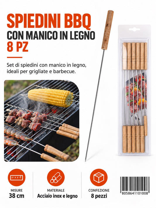 4110100 Spiedino Bbq Con Manico In Legnoin Acciaio 430 38Cm 8Pz Ct36