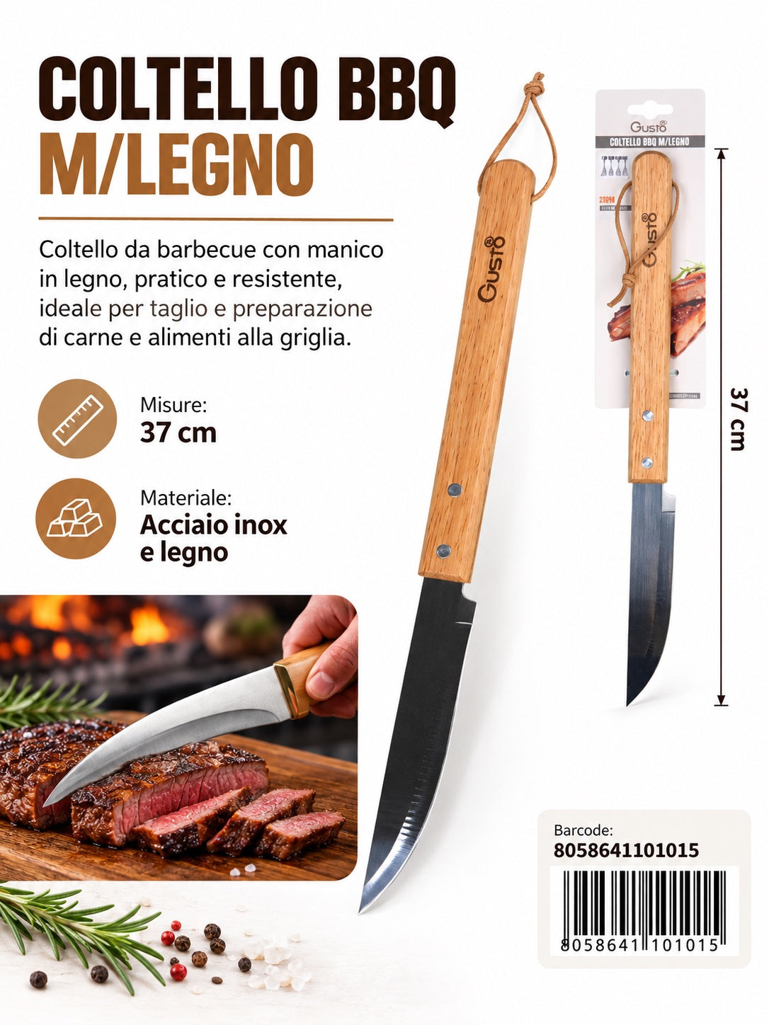 4110101 Coltello Bbq M/Legno In Acciaio 420 37Cm Ct72