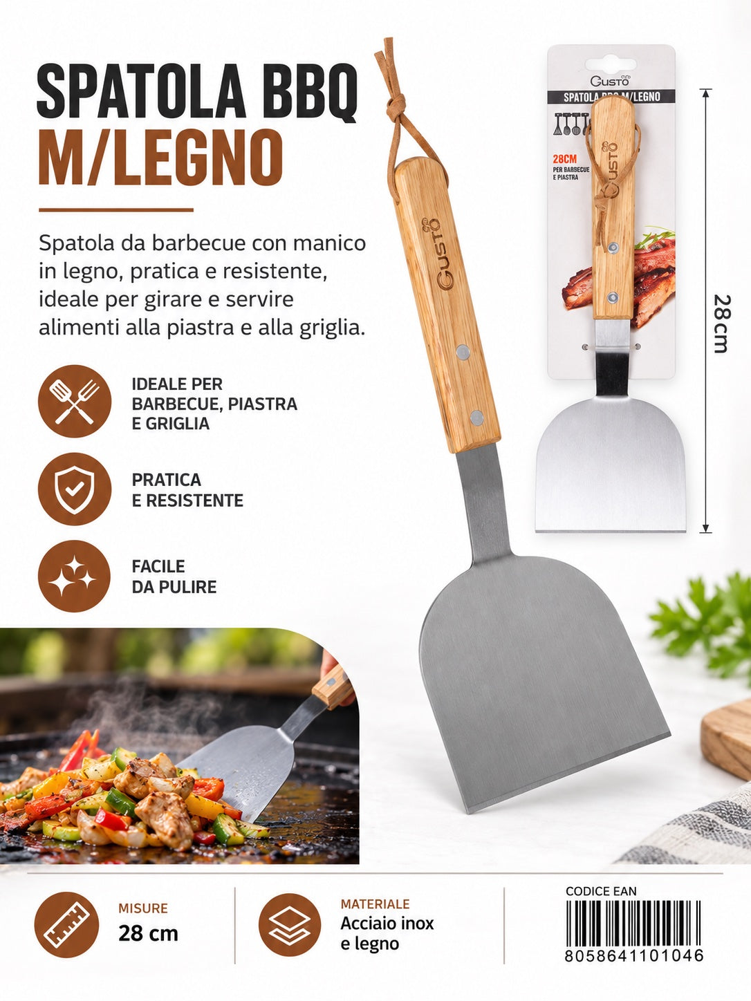 4110104 Spatola Bbq M/Legno In Acciaio 420 28Cm Ct72