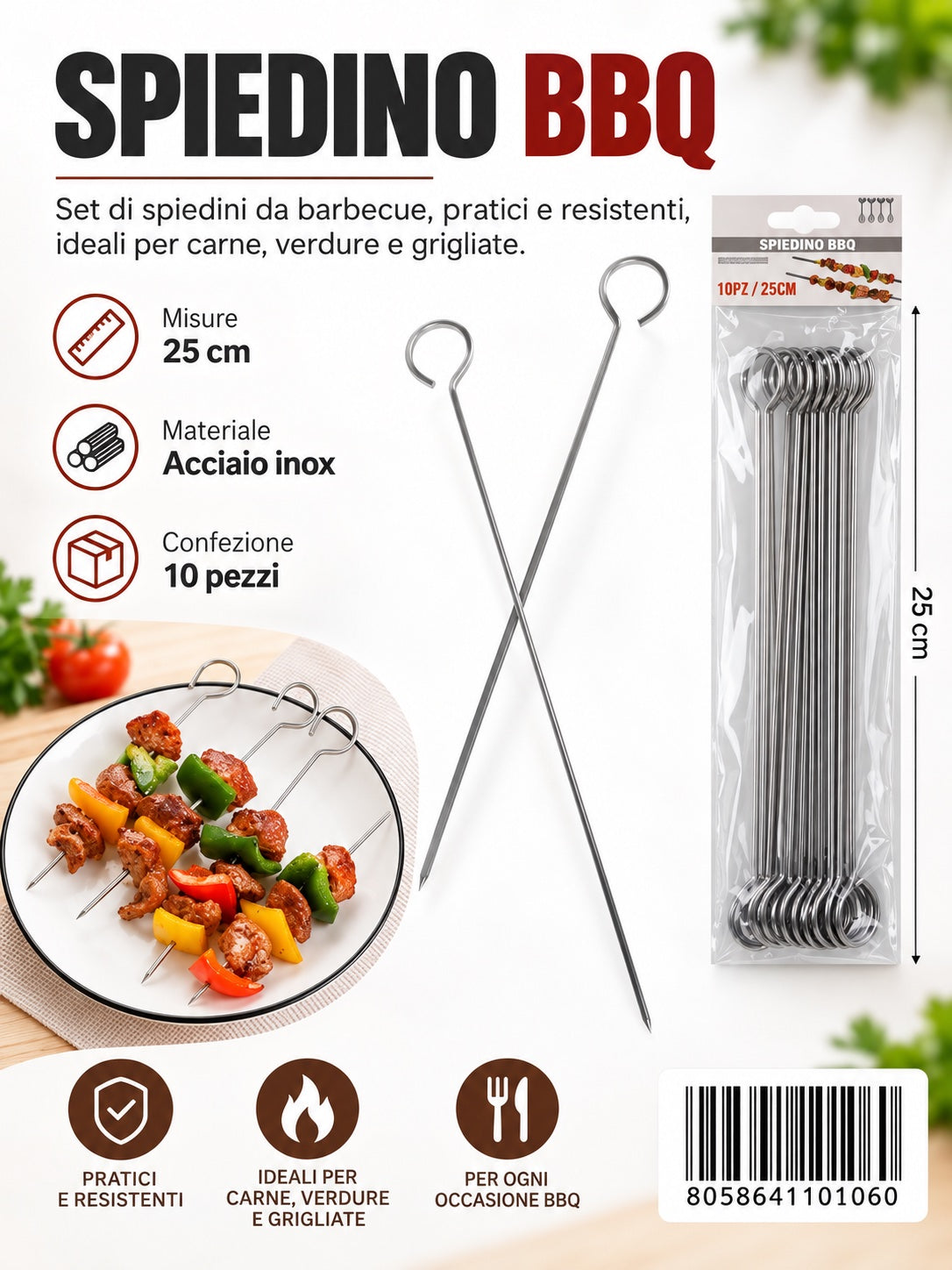 4110106 Spiedino Bbq In Acciaio 430 25Cm 10Pz Ct72