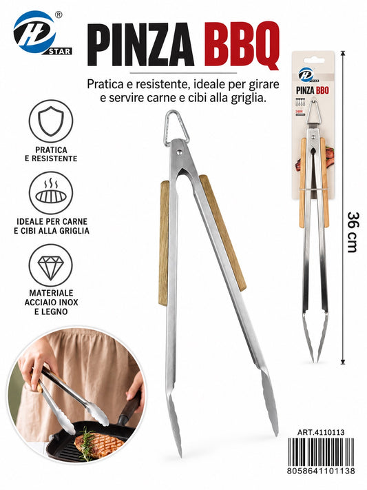4110113 Pinza Bbq M/Legno In Acciaio 430 36Cm Ct72