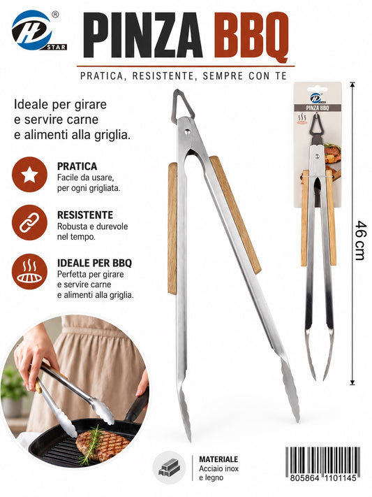 4110114 Pinza Bbq M/Legno In Acciaio 430 46Cm Ct72