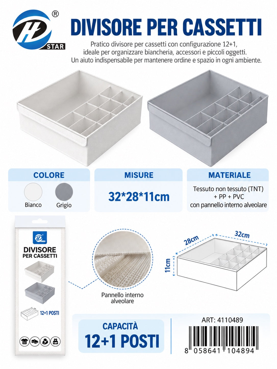 4110489 Divisore Per Cassetti Con Coperchio 12+1 Scomparti 32*28*11Cmct24 12+1 32*28*11Cm 600