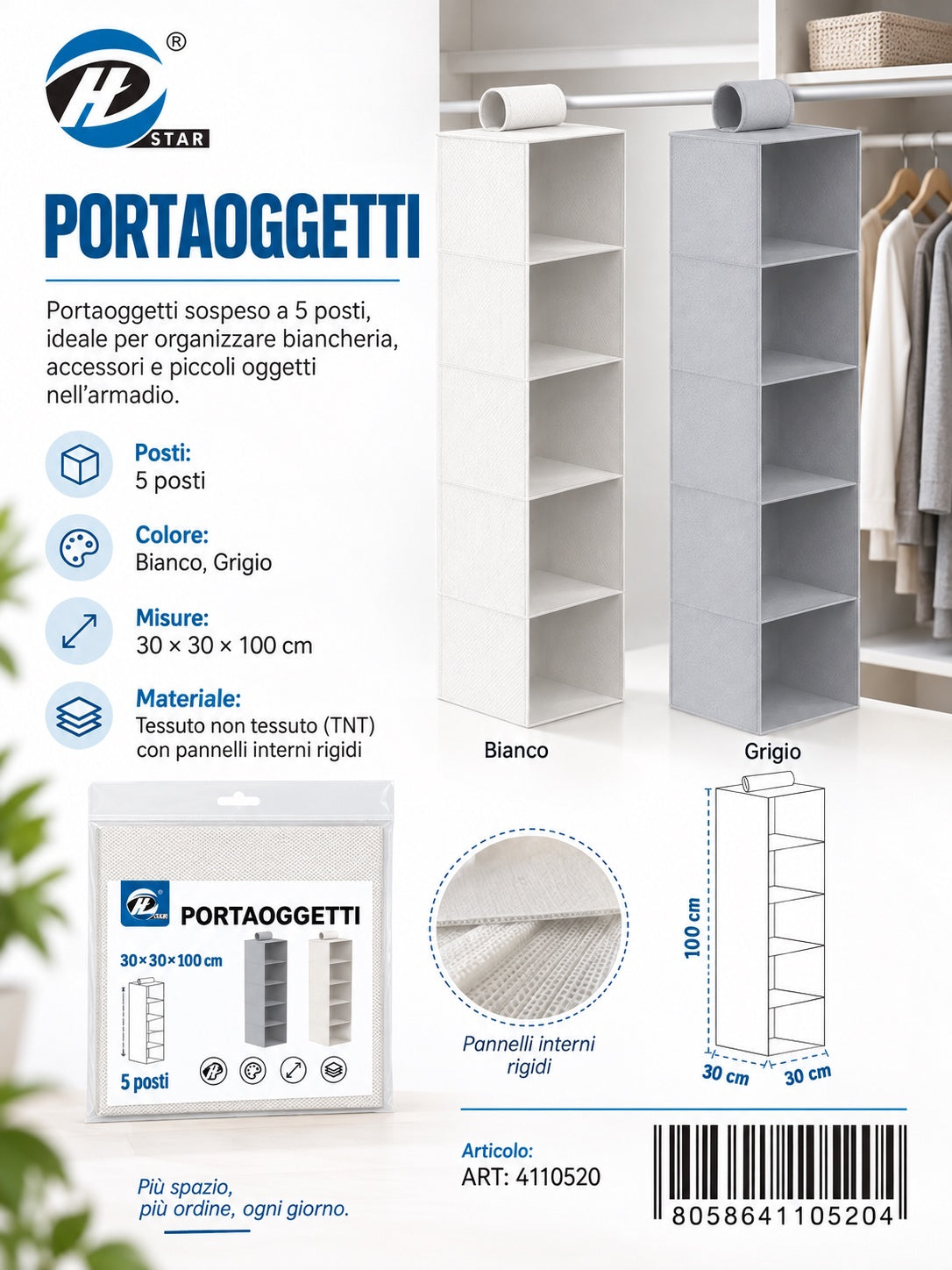 4110520 Portaoggetti Da Appendere 5 Ripiani30*30*100Cmct24 30*30*100Cm 600