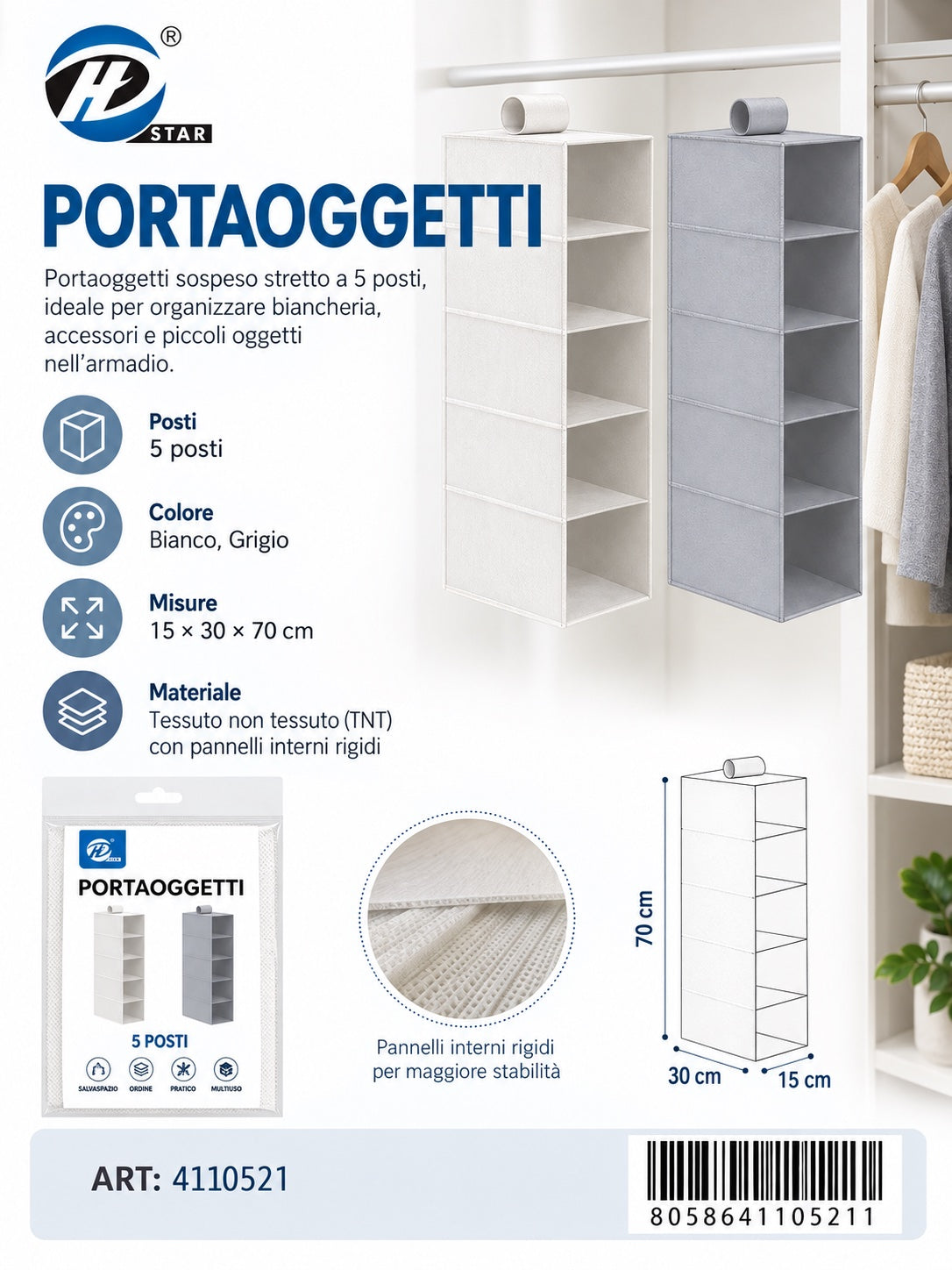 4110521 Portaoggetti Da Appendere 5 Ripiani 15*30*70Cmct24 15*30*70Cm 600