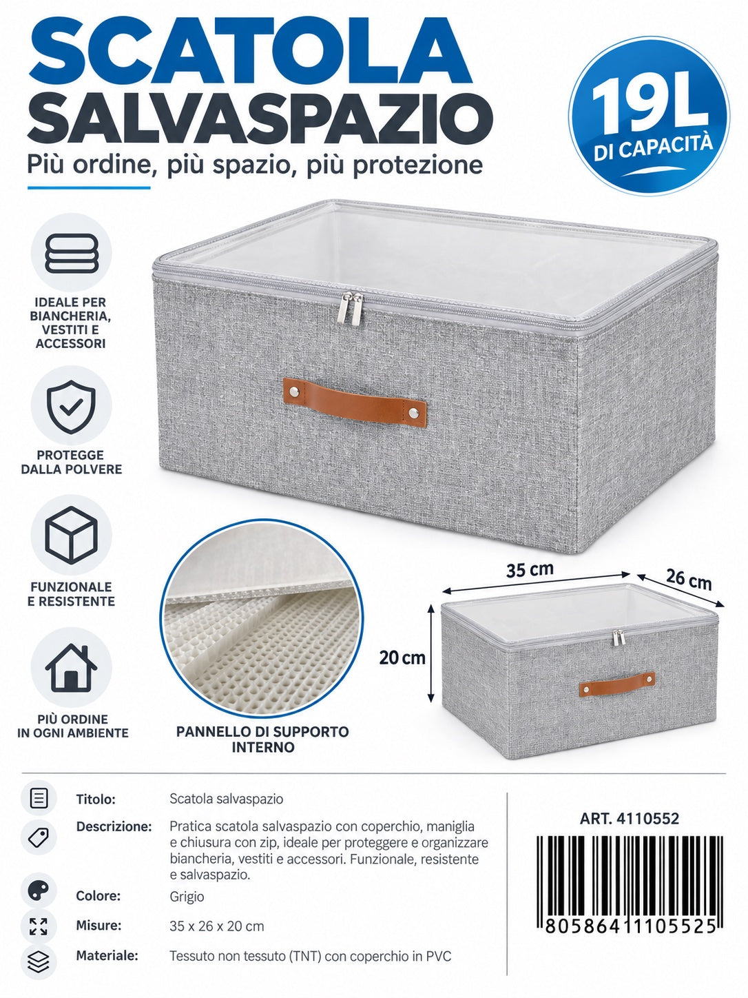 4110552 Scatola Salvaspazio Con Cerniera 35*26*20Cm Ct24 +Pvc 35*26*20Cm + 600