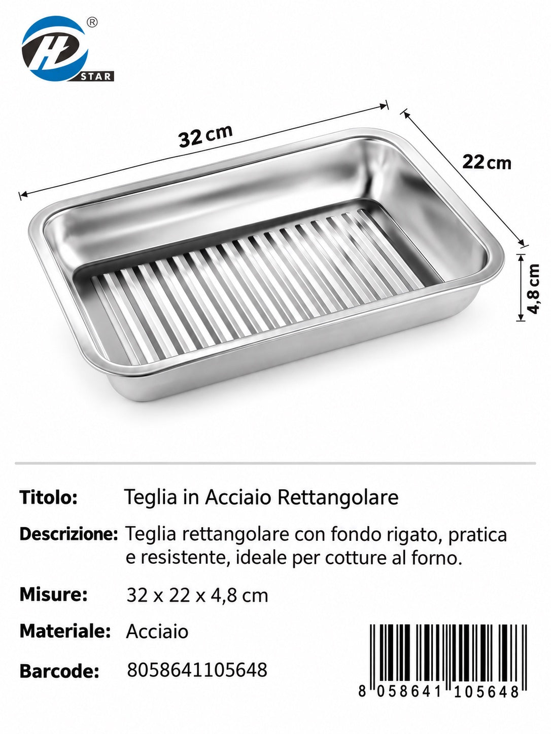 4110564 Teglia In Acciaio Rettangolare 32*22*4.8 1/6 Ct24