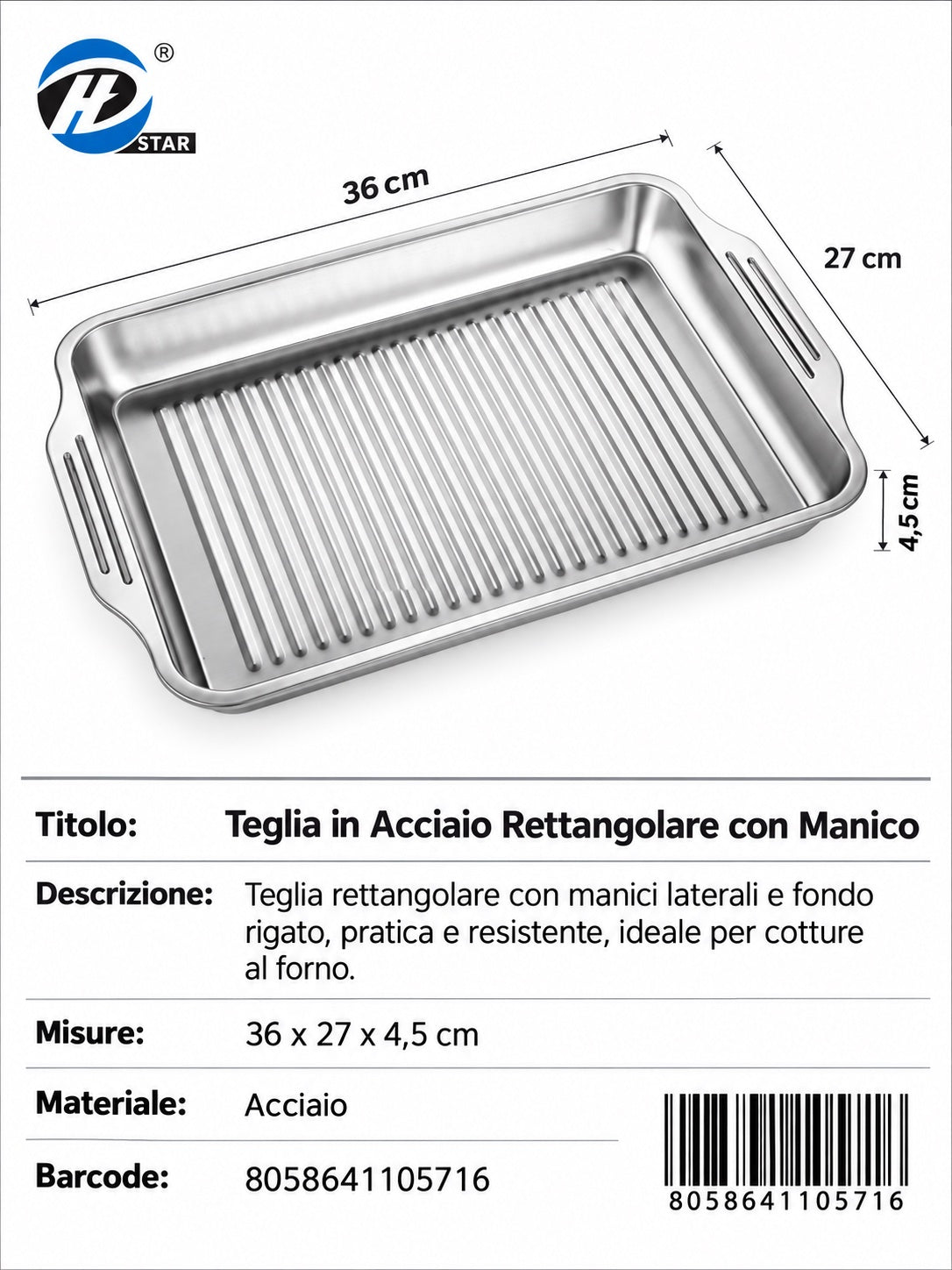 4110571 Teglia In Acciaio Rettangolare Con Manico 36*27*4.5 1/6 Ct24