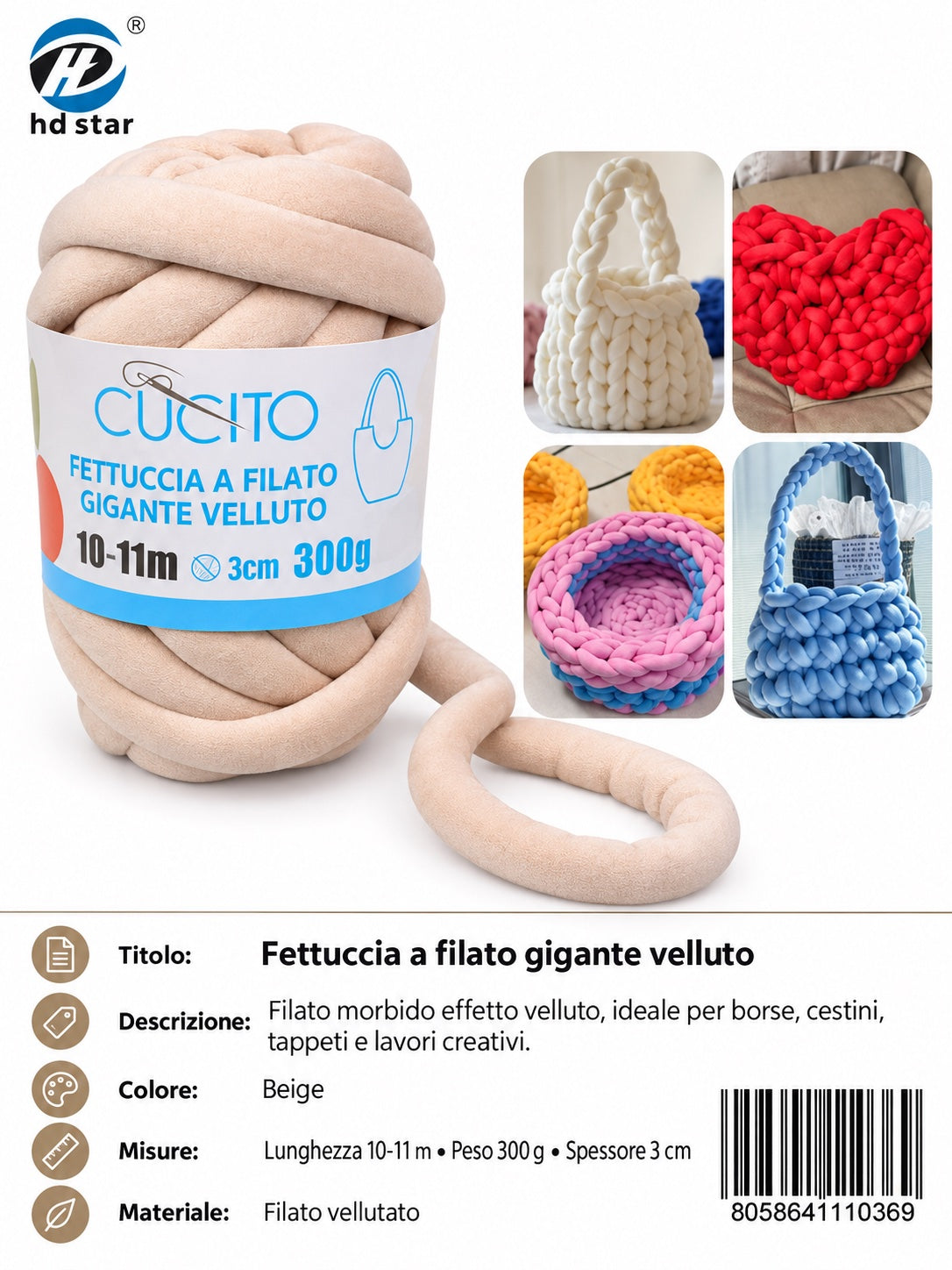 4111036 Fettuccia A Filato Gigante Velluto 300G Col. Beige 1/6 Ct48