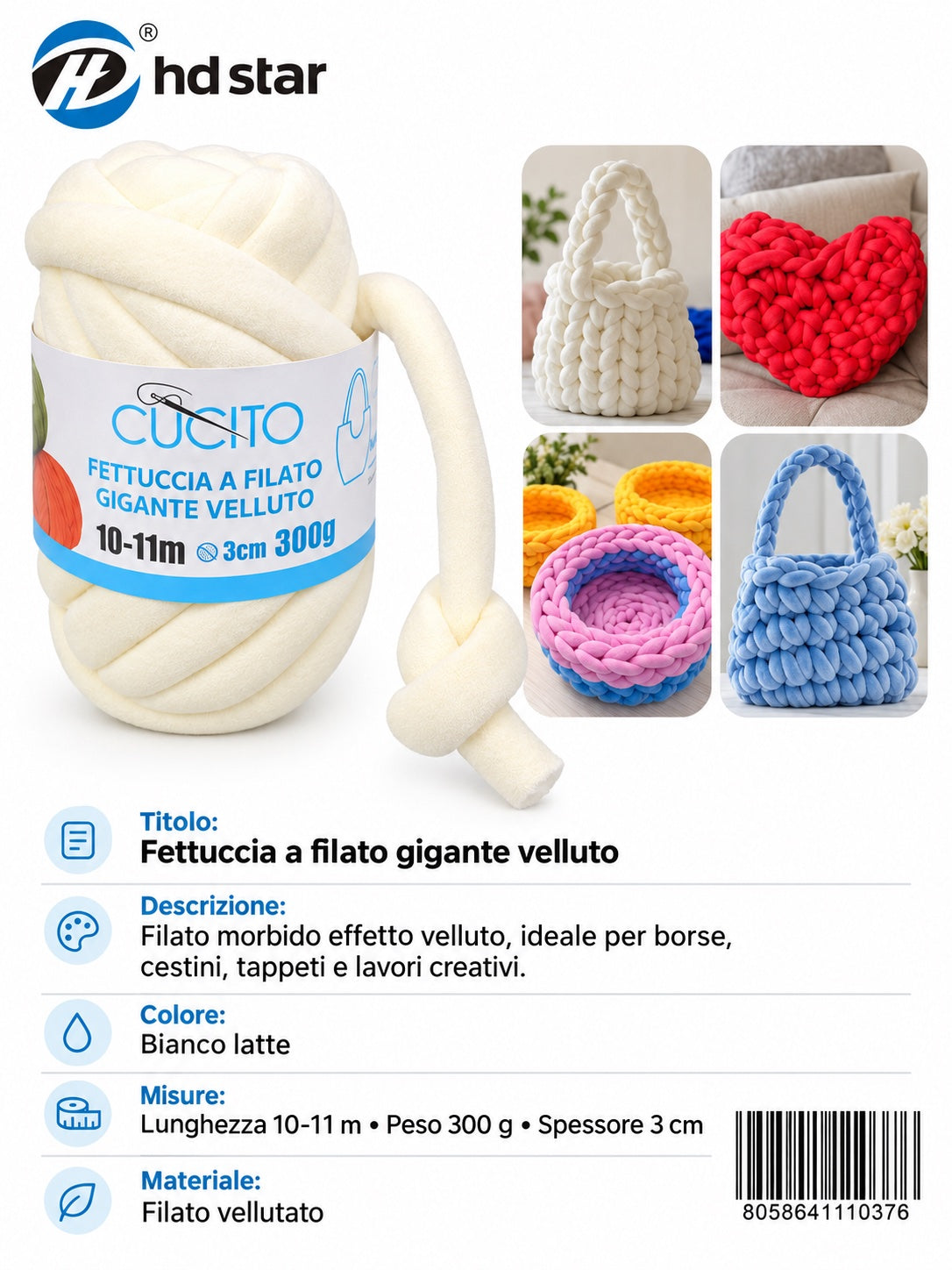 4111037 Fettuccia A Filato Gigante Velluto 300G Col. Bianco Latte 1/6 Ct48