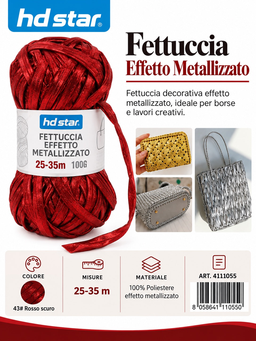 4111055 Fettuccia Effetto Metallizzato 100G Col. Rosso Vivace 1/10 Ct120
