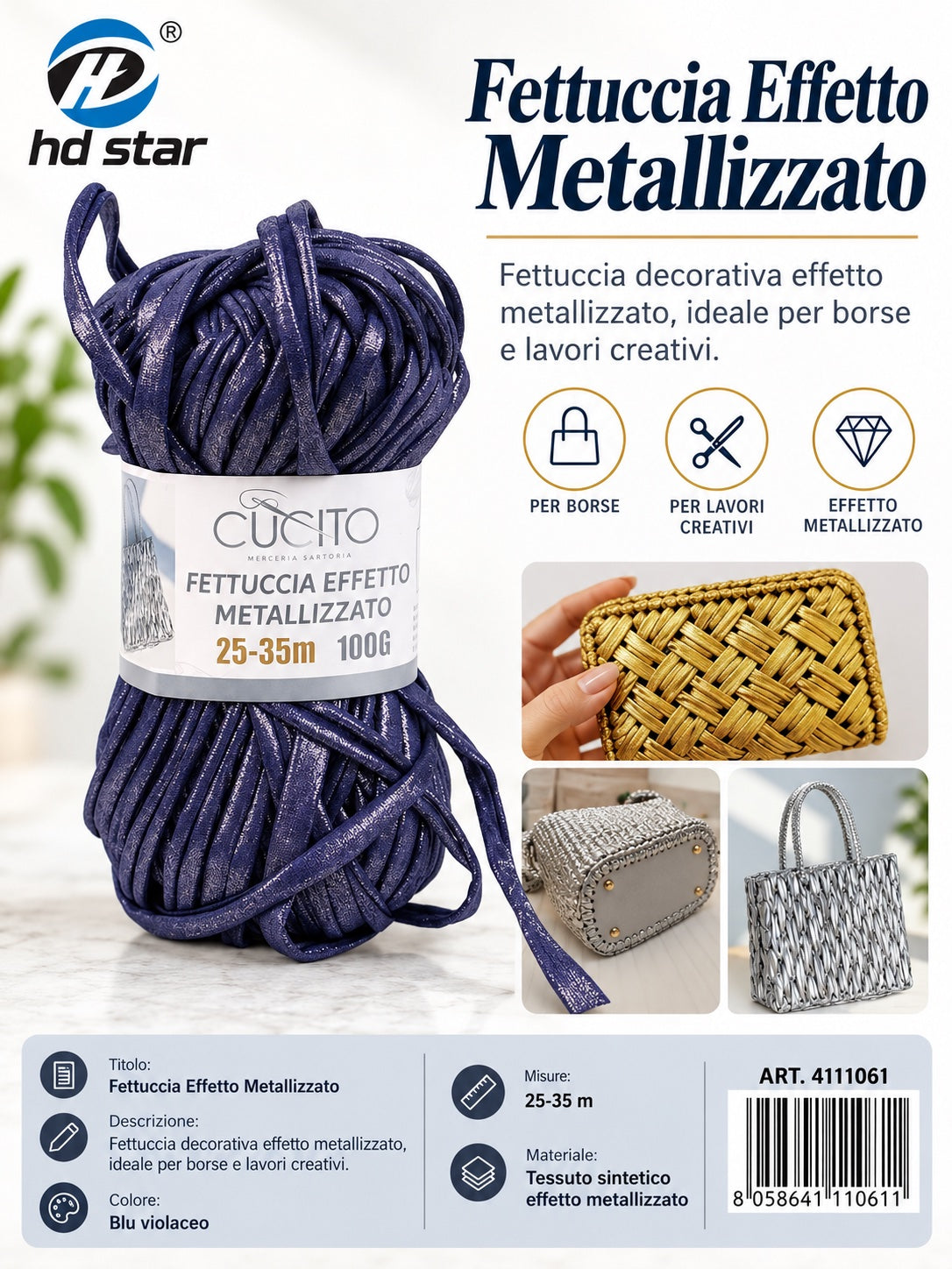 4111061 Fettuccia Effetto Metallizzato 100G Col. Grigio Scuro 1/10 Ct120