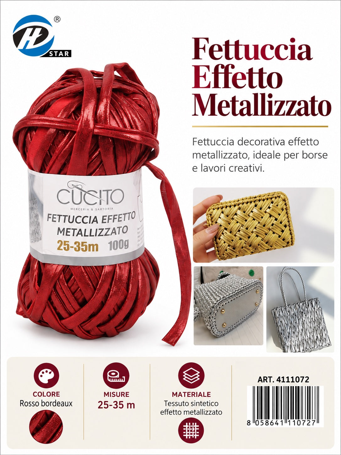 4111072 Fettuccia Effetto Metallizzato 100G Col. Rosso Bordeaux 1/10 Ct120