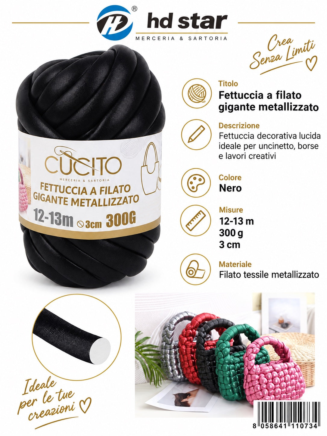 4111073 Fettuccia A Filato Gigante Metallizzato 300G Col. Nero 1/6 Ct48