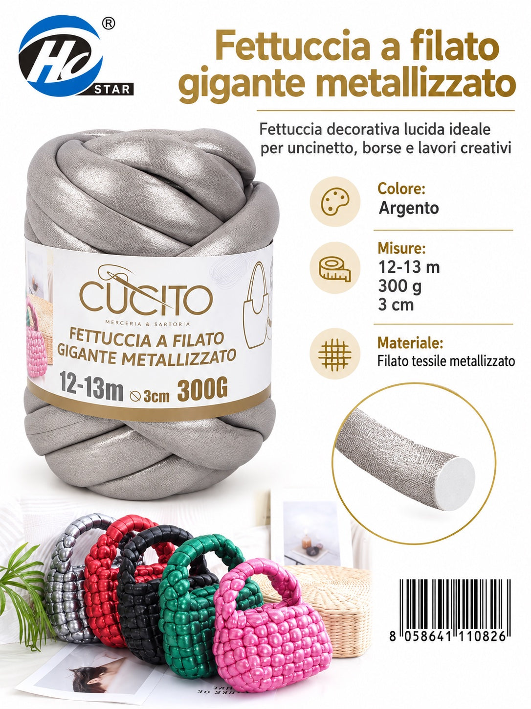 4111082 Fettuccia A Filato Gigante Metallizzato 300G Col. Argento 1/6 Ct48