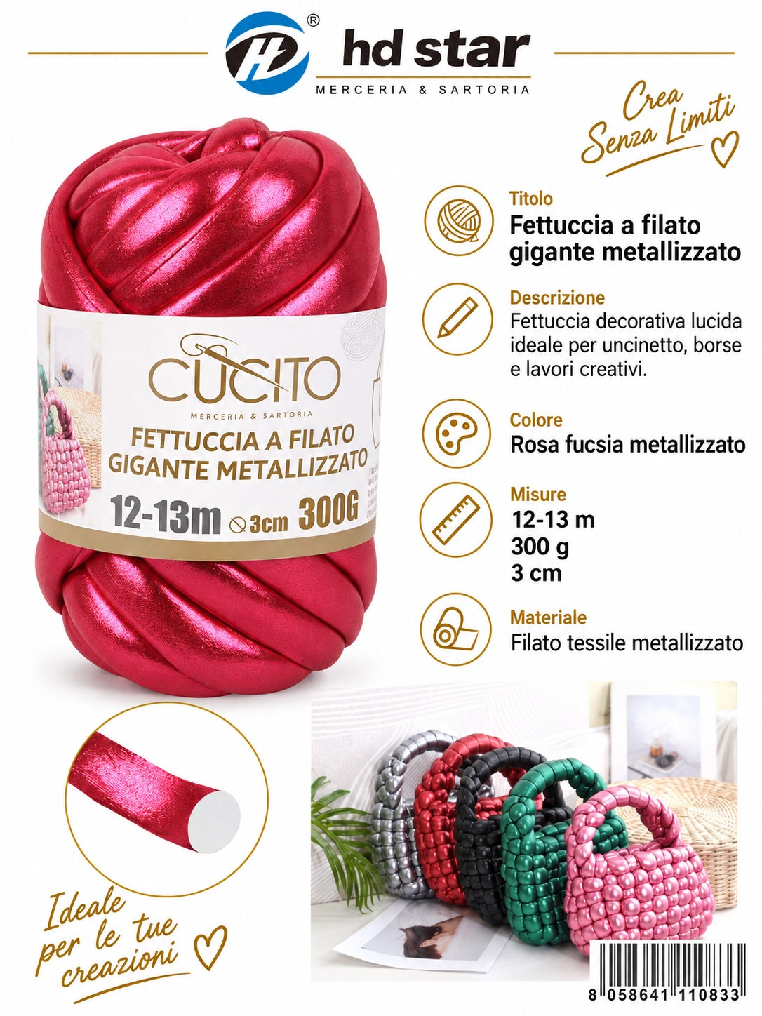 4111083 Fettuccia A Filato Gigante Metallizzato 300G Col. Rosso Ciliegia 1/6 Ct48