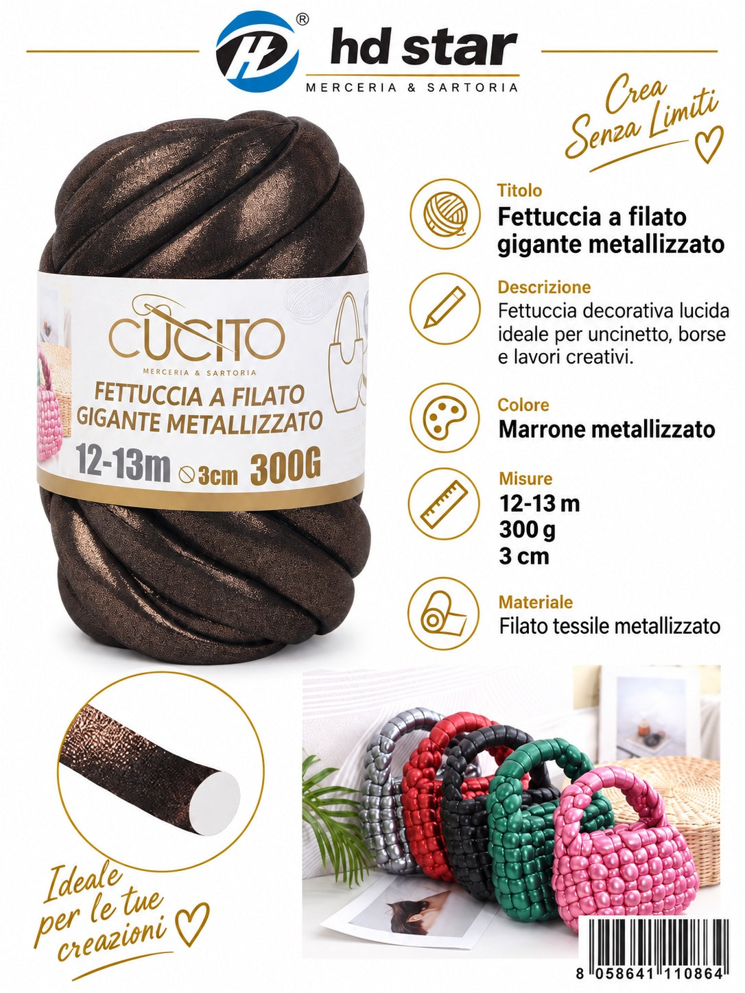 4111086 Fettuccia A Filato Gigante Metallizzato 300G Col. Marrone 1/6 Ct48