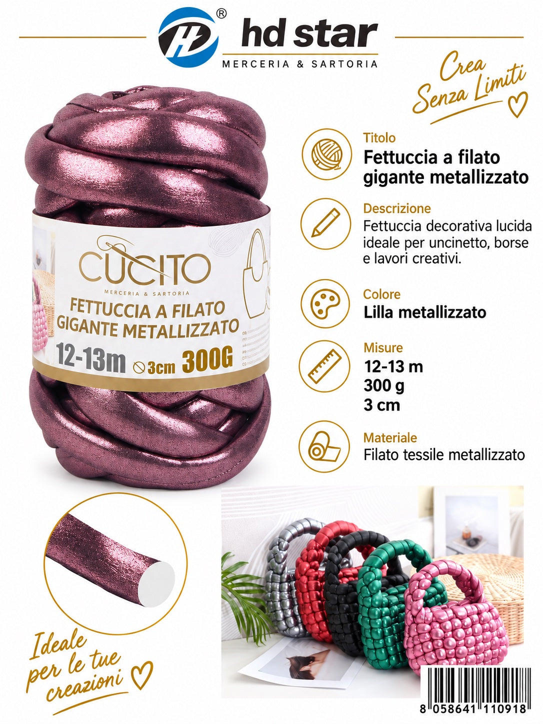 4111091 Fettuccia A Filato Gigante Metallizzato 300G Col. Viola Chiaro 1/6 Ct48