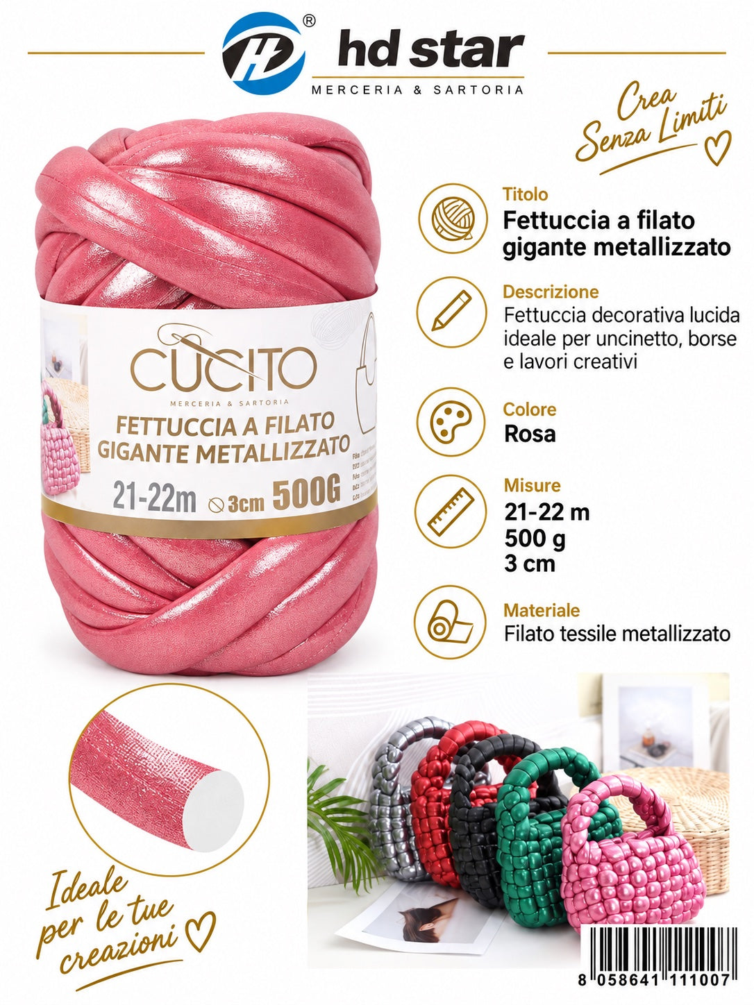 4111100 Fettuccia A Filato Gigante Metallizzato 500G Col. Rosa 1/6 Ct24