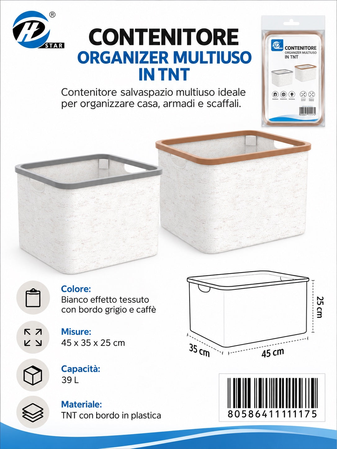 4111117 Contenitore Organizer In Tnt 120G, 45X35X25Cm, Colori Misti (Caff¨¨/Grigio) Ct12
