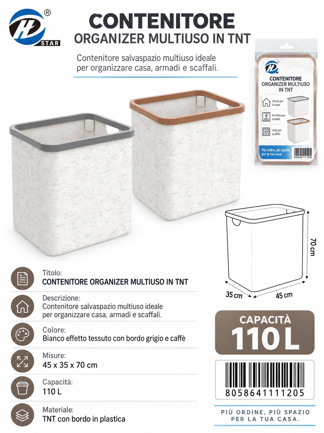 4111120 Contenitore Organizer In Tnt 120G, 45X35X70Cm, Colori Misti (Caff¨¨/Grigio) Ct12