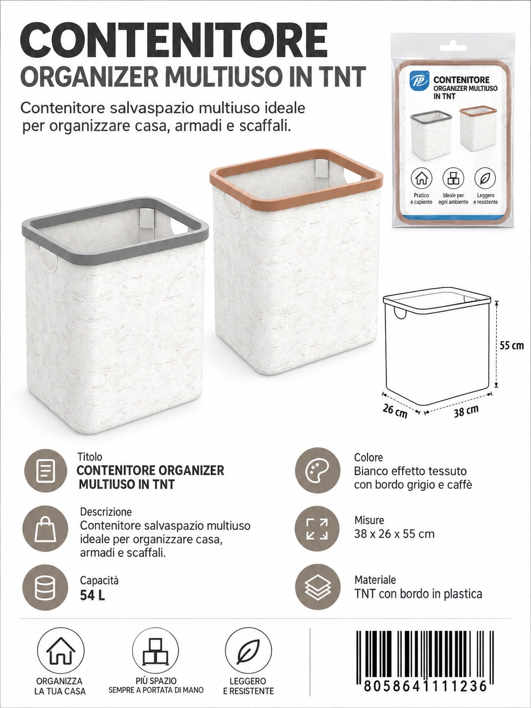 4111123 Contenitore Organizer In Tnt 120G, 38X26X55Cm, Colori Misti (Caff¨¨/Grigio) Ct12
