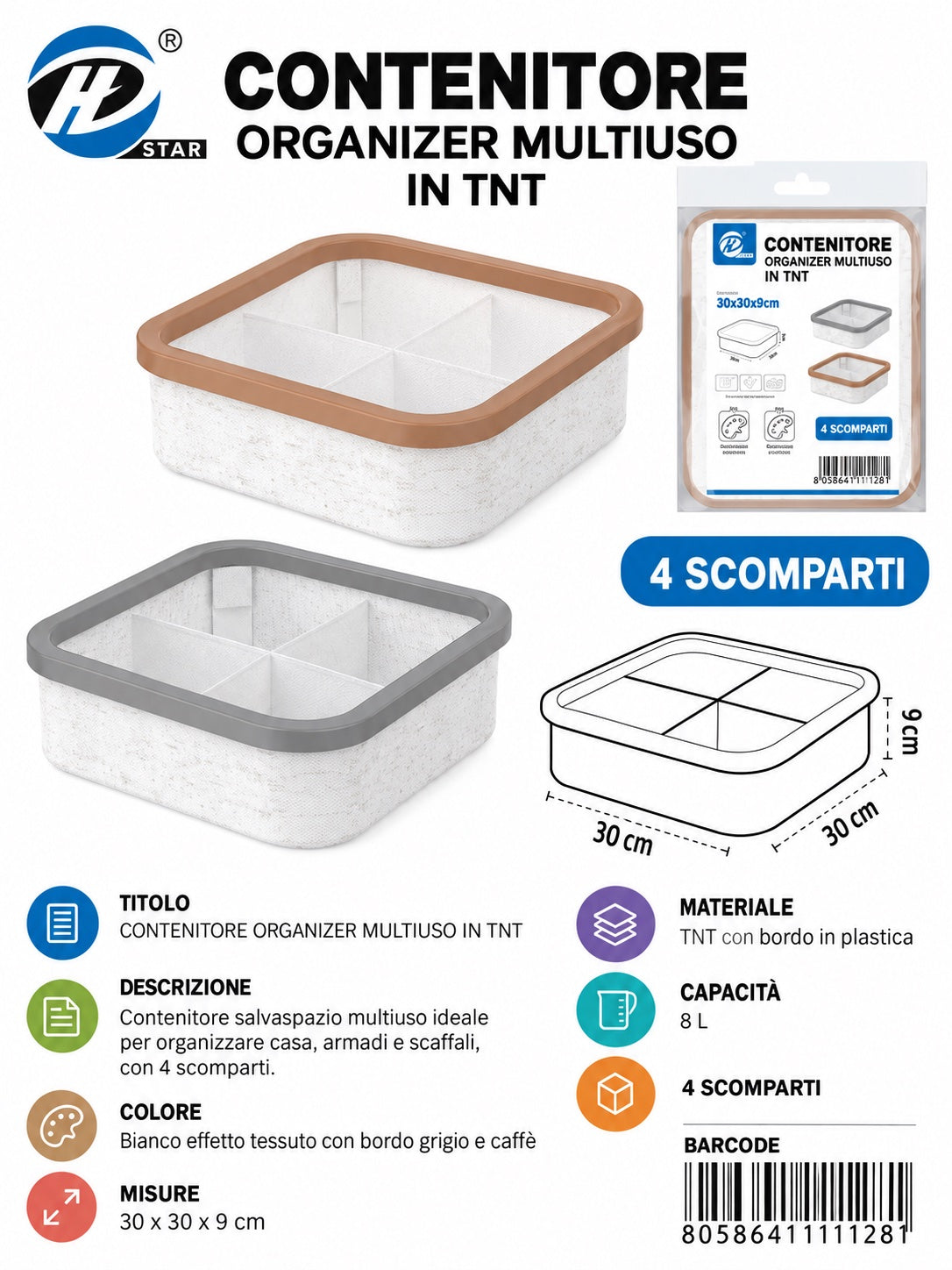 4111128 Organizer Senza Coperchio, 4 Scomparti, 30X30X9Cm (Tnt 120G+80G) Ct24