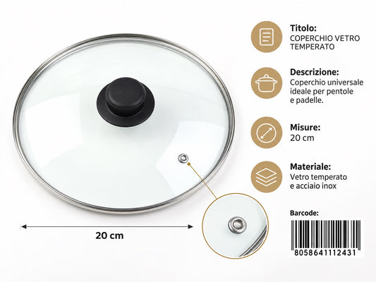 4111243 Coperchio In Vetro Temperato 4,0 Mm D.20 Cm Ct12