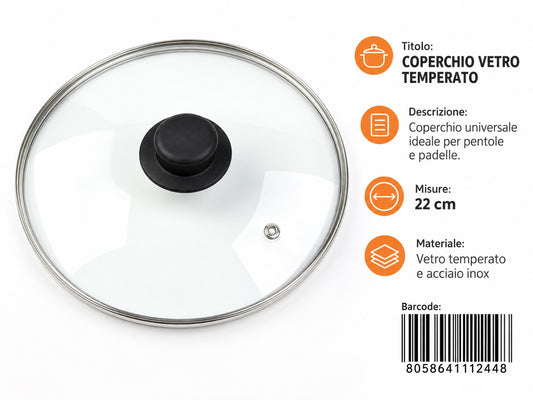 4111244 Coperchio In Vetro Temperato 4,0 Mm D.22 Cm Ct12