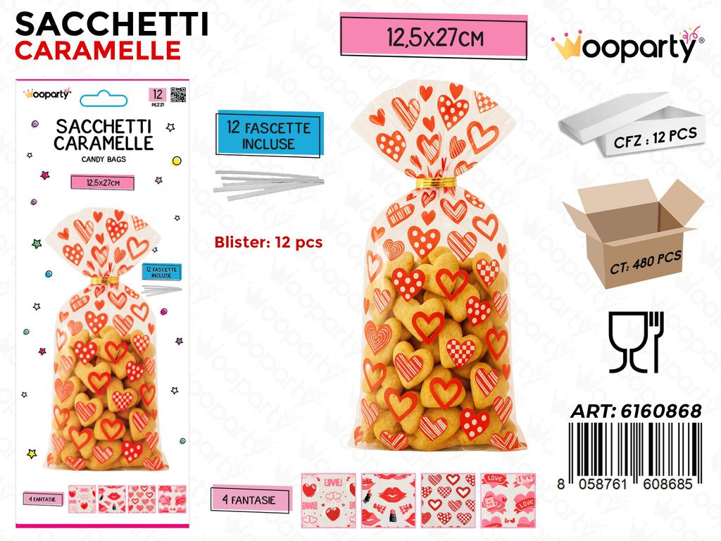 SACCHETTI CARAMELLE 12PCS C/FASCETTE 12.5*27CM ASS.