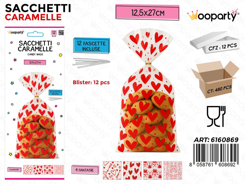 SACCHETTI CARAMELLE 12PCS C/FASCETTE 12.5*27CM ASS.