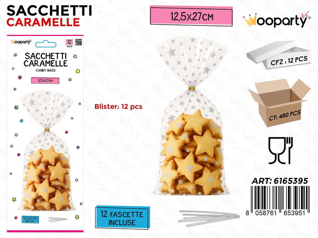 SACCHETTI CARAMELLE 12PCS C/FASCETTE 12.5*27CM