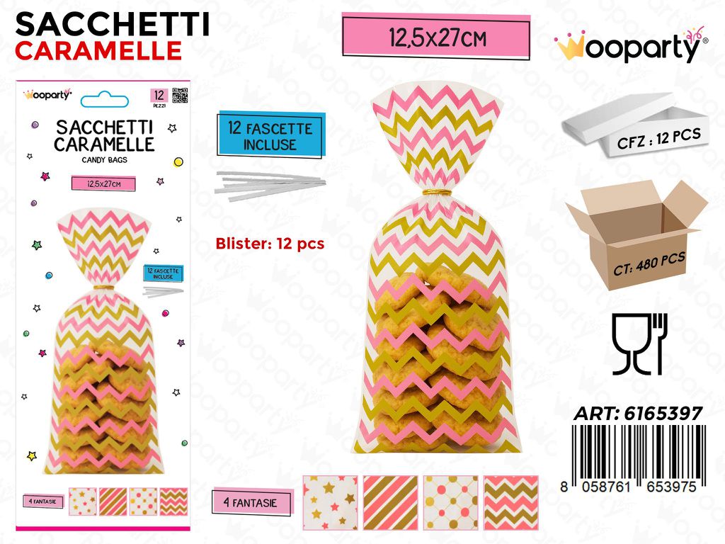 SACCHETTI CARAMELLE 12PCS C/FASCETTE 12.5*27CM ASS.