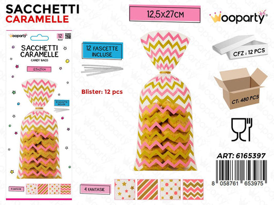 SACCHETTI CARAMELLE 12PCS C/FASCETTE 12.5*27CM ASS.