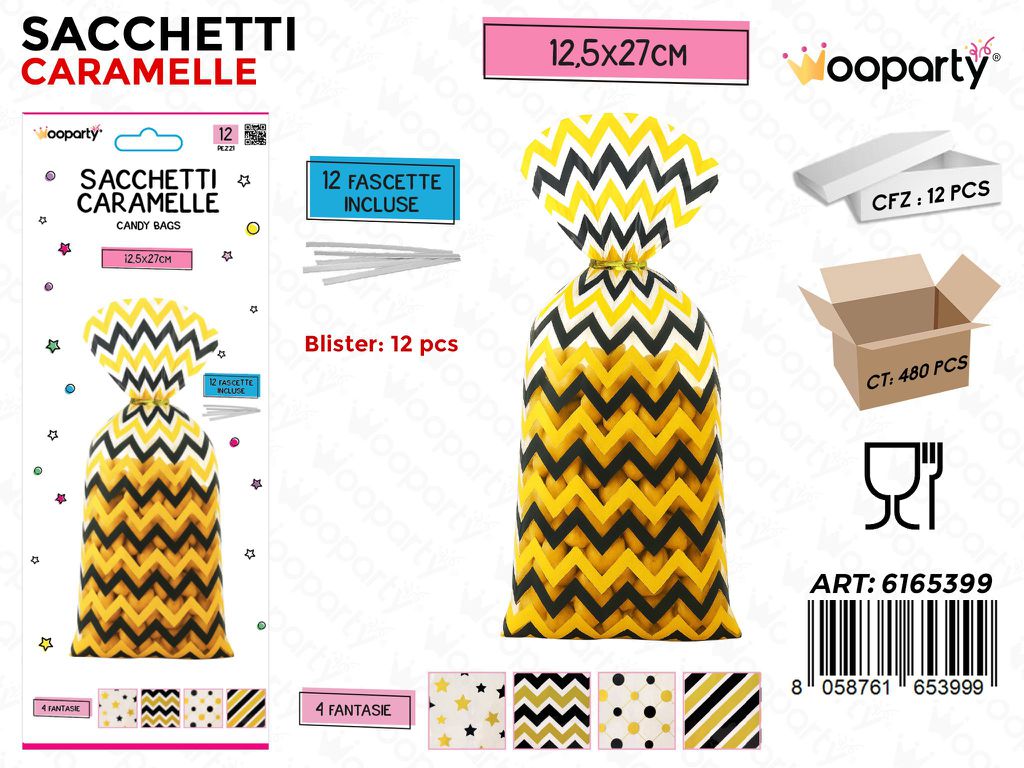 SACCHETTI CARAMELLE 12PCS C/FASCETTE 12.5*27CM ASS.