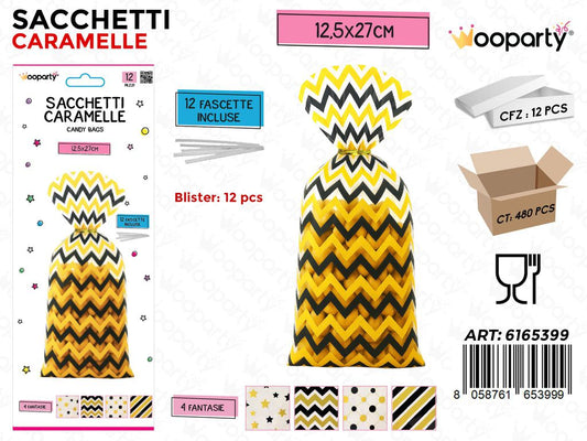 SACCHETTI CARAMELLE 12PCS C/FASCETTE 12.5*27CM ASS.