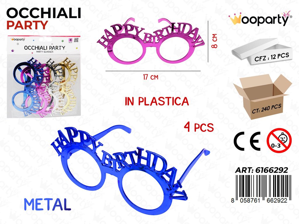 OCCHIALI H. BIRTHDAY 4PCS ASS.17*8CM